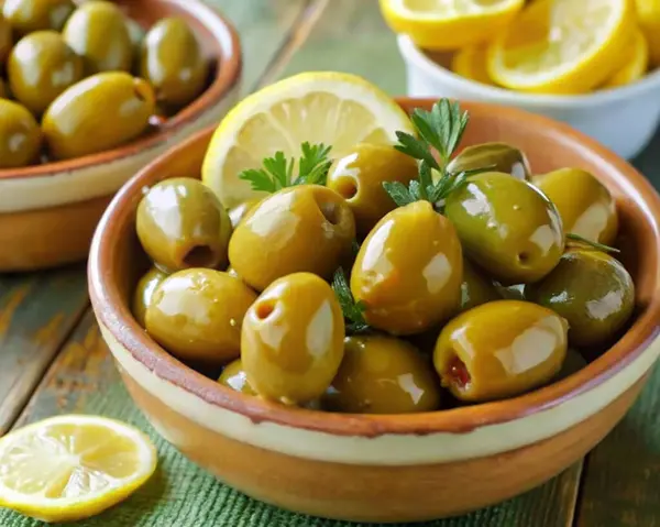 Ahşap bir arka planda, ahşap bir kasede kaynamış yeşil zeytin.