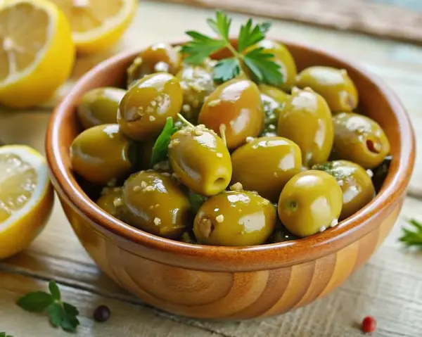 Ahşap bir arka planda, ahşap bir kasede kaynamış yeşil zeytin.