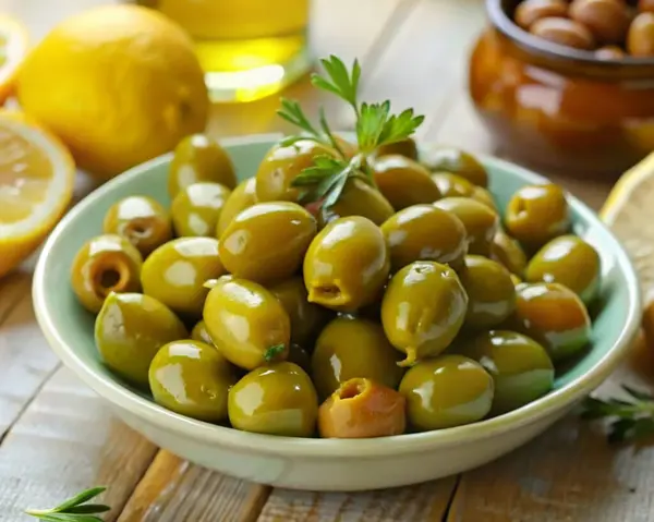 Kırsal ahşap bir masada, beyaz bir kasede kaynamış yeşil zeytin.