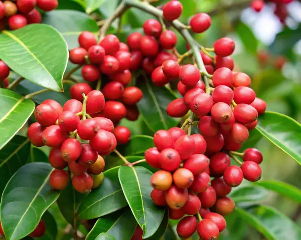 Yeşil yapraklı bir dalda kırmızı frenk üzümü meyvesi.