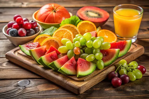 Taze dilimlenmiş meyve, karpuz, greyfurt, kivi, çilek ve portakal dilimleri bir tabakta ve bir bardak portakal suyu kırsal ahşap arka planda.