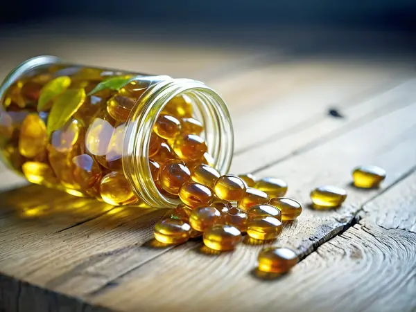 Kırsal ahşap arka planda vitamin haplı cam kavanoz ya da şişe.