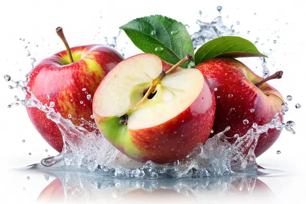 Su sıçratan kırmızı elma meyveleri ve beyaz arka planda yeşil yapraklar.
