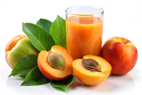 Taze kayısı meyvesi dilimlenmiş ve kayısı suyu ile biraz yeşil yaprak beyaz arka planda izole