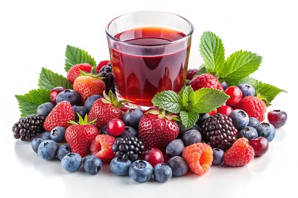 Bir bardakta ahududu, çilek ve böğürtlen suyu ve beyaz arka planda izole edilmiş yeşil nane yaprakları.