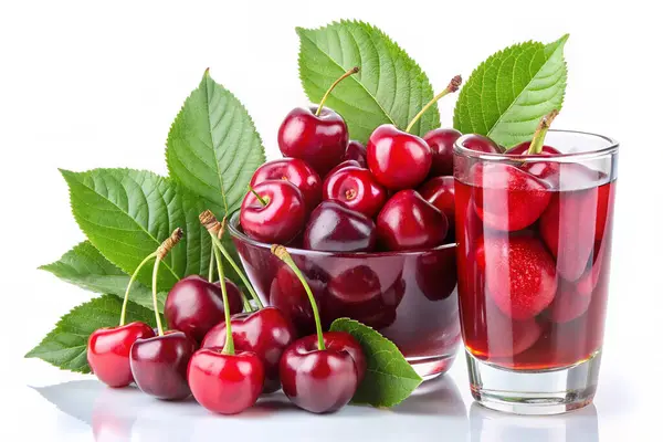 Bir bardakta kiraz ve meyve suyu, bir kasede de kiraz.