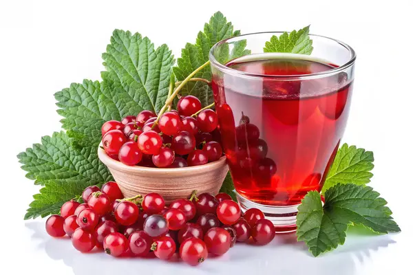 Bir bardak üzümlü üzümlü, üzümlü, beyaz arka planda yeşil yapraklı.