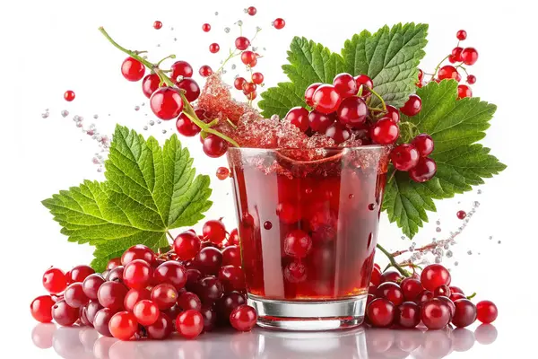 Bir bardak üzümlü üzümlü ve yeşil yapraklı frenk üzümü aromalı tatlı su.