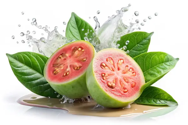 Taze yeşil Guava, su sıçrayan canlı pembe et ve beyaz arka planda yapraklar. 