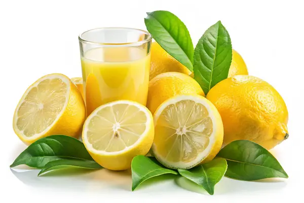 Beyaz arka planda limon suyu ve dilimlenmiş limon