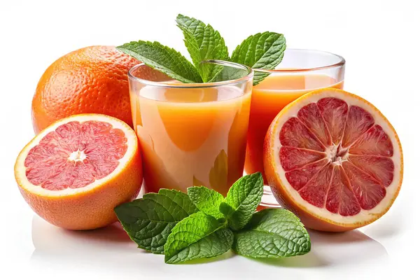 Bardakta portakal suyu ve beyaz arka planda naneli dilimlenmiş portakal suyu.