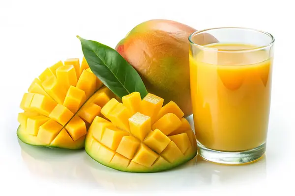 Bardakta taze mango suyu ve beyaz bir arka planda izole edilmiş olgun mango.
