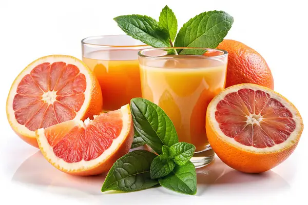 Bardakta portakal suyu ve beyaz arka planda naneli dilimlenmiş portakal suyu.