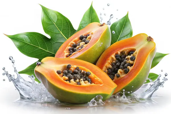 Papaya meyvesi suyla dilimlenmiş beyaz arka plan, ön manzara