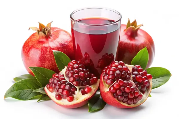 Taze olgun nar suyu bardakta ve dilimlenmiş nar meyveleri beyaz arka planda izole edilmiş yapraklar da dahil.