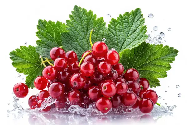 Su sıçratan taze kırmızı frenk üzümü ve beyaz arka planda izole edilmiş yeşil yapraklar.