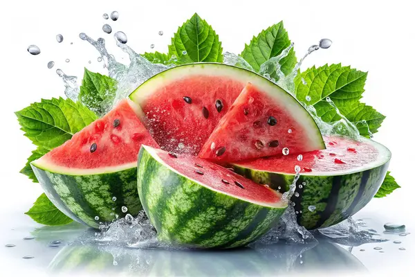 Su sıçratan suda karpuz, biraz da yeşil yaprak.