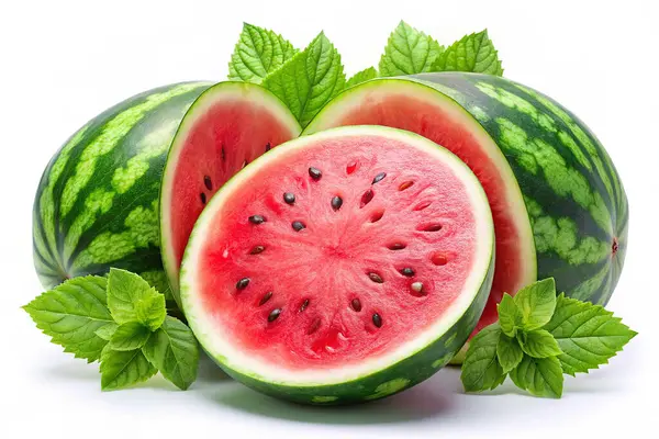 Taze dilimlenmiş karpuz, yeşil yapraklı taze karpuz..