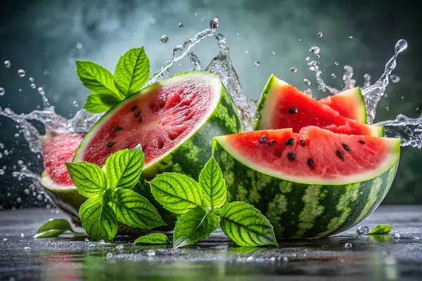 Su sıçratan suda karpuz ve yeşil yapraklar.