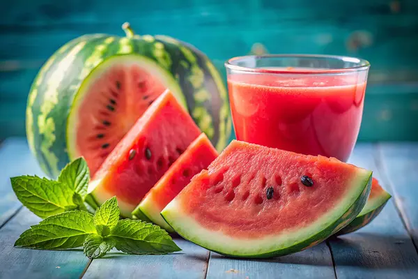 Köy ahşap bir masada karpuz suyu ve dilimlenmiş karpuz.