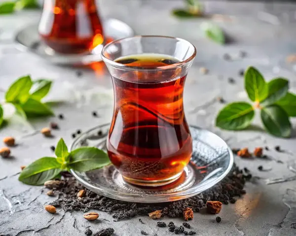 Bir fincan naneli geleneksel Türk çayı. Taze çay yapraklı dumanı tüten Türk Siyah Çayı