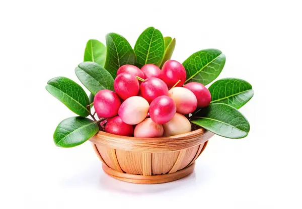 Carissa Carandas sepetinde yeşil yapraklar olan meyveler.