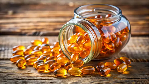 Kırsal ahşap arka planda vitamin haplı cam kavanoz ya da şişe.