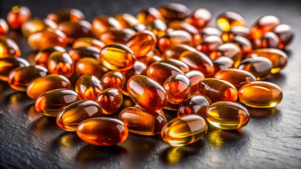 Altın D vitamini takviye kapsüllerine yakın çekim. Morina yağı kapsülleri