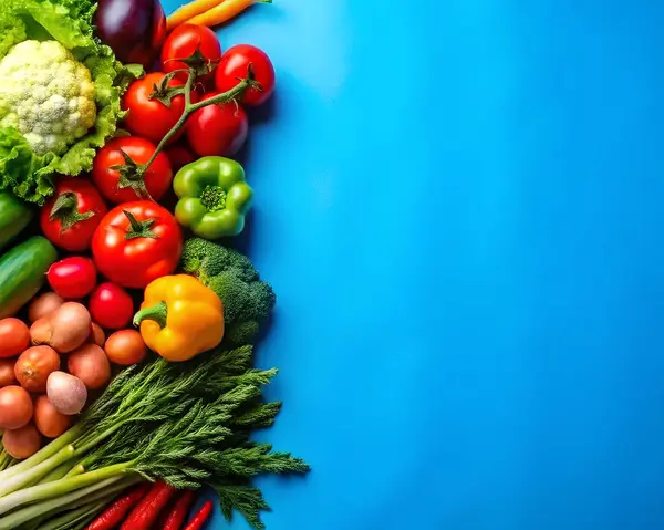 Taze meyve ve sebzeler parlak mavi bir arkaplanda yaratıcı bir şekilde düzenlenir.