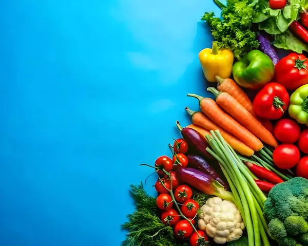 Taze meyve ve sebzeler parlak mavi bir arkaplanda yaratıcı bir şekilde düzenlenir.