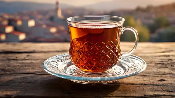 Sunset 'te Kristal Cam Kupada Aromatik Türk Çayı. Arka planda şehir manzaralı eski ahşap masada bir fincan çay.