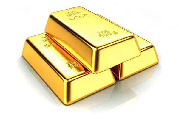 Beyaz Arkaplanda Altın külçeleri yığını. Beyaz arka planda üst üste dizilmiş üç külçe altın külçenin yakın plan çekimi..