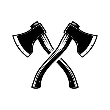 İki klasik çapraz balta, siluet ikon vektör sanatı, beyaz arka planda izole edilmiş, desenli sapları ve keskin bıçakları olan bir X şekli oluşturuyor..