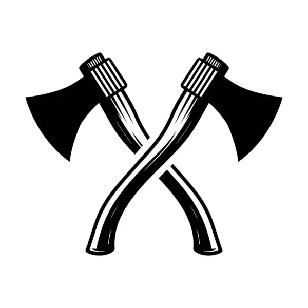 İki çapraz bağdaştırılmış balta ikon vektör kafası ahşap saplı, beyaz bir arka planda izole edilmiş, çarpıcı bir siluette X şekli oluşturuyor.