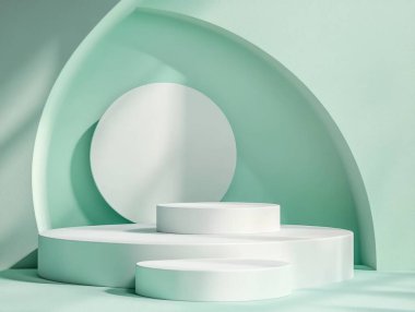 Ürün sunumu için podyumları olan soyut arkaplan, canlı ve parlak renklerde, geometrik şekillerin minimum konseptiyle. 3 Boyutlu resimleme