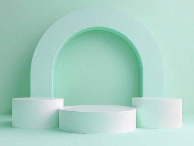 Ürün sunumu için podyumları olan soyut arkaplan, canlı ve parlak renklerde, geometrik şekillerin minimum konseptiyle. 3 Boyutlu resimleme