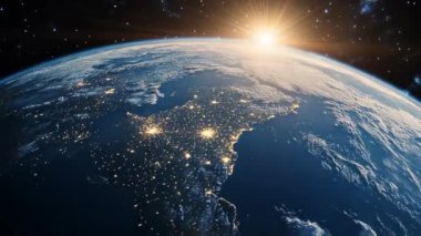 4K Güzel Gündoğumu Dünya silueti. Uzaydan gelen dünya gezegeni. Dünya gezegeni dönen animasyon. Klip uzay, gezegen, galaksi, yıldızlar, evren, deniz, toprak içerir.