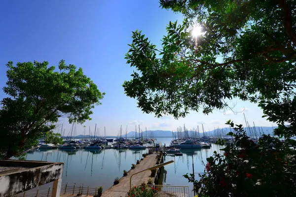 stock image Wide angle of the marina yacht clubs in Phuket Thailand in the bright sunshine day.