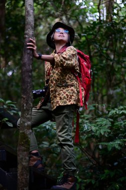 Kamuflaj elbisesi ve büyük kırmızı sırt çantasıyla orta yaşlı bir kadın elinde kamerasıyla ormanı geziyor. Fotoğraf çekmek için birkaç denek arıyor..