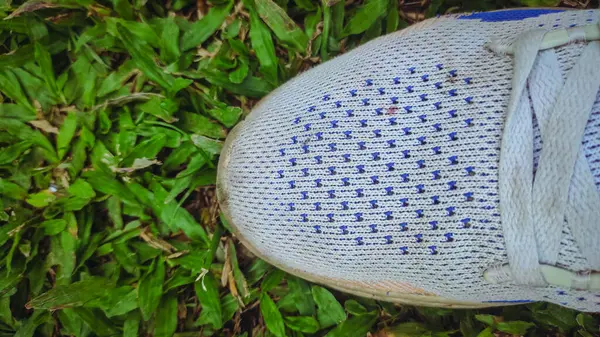 Yeşil çimlere yakın beyaz bir ayakkabı.