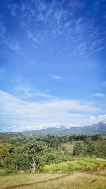 Çok bulutlu güzel bir dağ manzarası ve ayrıca açık mavi gökyüzü ve pirinç tarlalarının altında bazı yeşil bitkiler.
