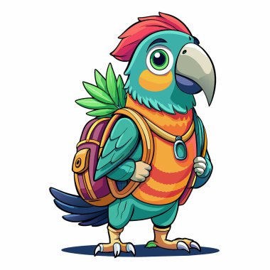 Aşırı gerçekçi papağan, sırt çantalı, pop sanatçısı, sevimli, tam vücut, karalama sanatı, Tokyo, beyaz şirin okul papağanı, sırt çantasıyla yürüyen