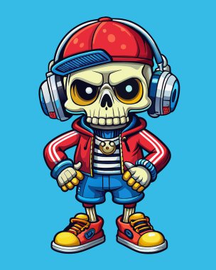 Kaykaylı şirin bir kafatasının çizgi film karakteri