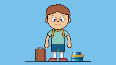 Sırt çantası ve bavulu olan çizgi filmci çocuk kitap yığınının yanında duruyor.