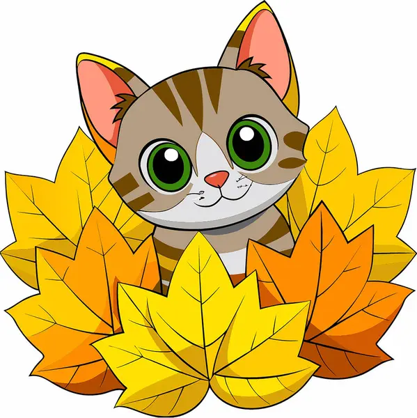 Sarı yapraklı şirin kedi yavrusu.