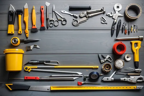 Marangoz Ahşap bir arka planda farklı araçlar.