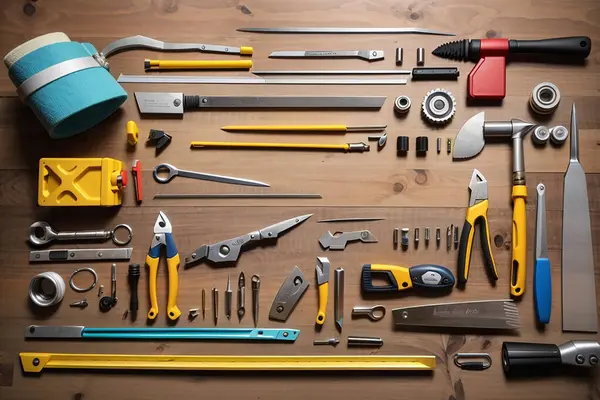 Marangoz Ahşap bir arka planda farklı araçlar.