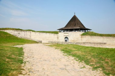 Yeşil tepelerin arka planında siyah çatıları ve mavi gökyüzünün altında bir nehri olan ortaçağ taş şatosu. Tarihsel mimari ve doğa resimsel bir görünüm yaratır..