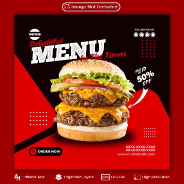 Düzenlenebilir lezzetli menü sadece hamburger kırmızı ve siyah yiyecek sosyal medya şablonu