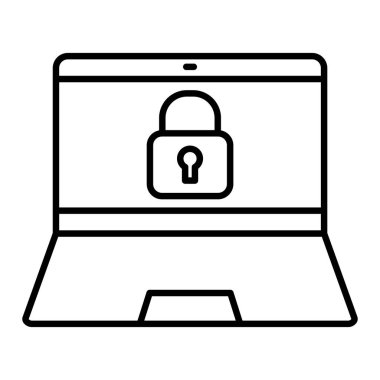 Laptop Kilit Simgesi, Basit Siyah ve Beyaz Vektör İllüstrasyonu